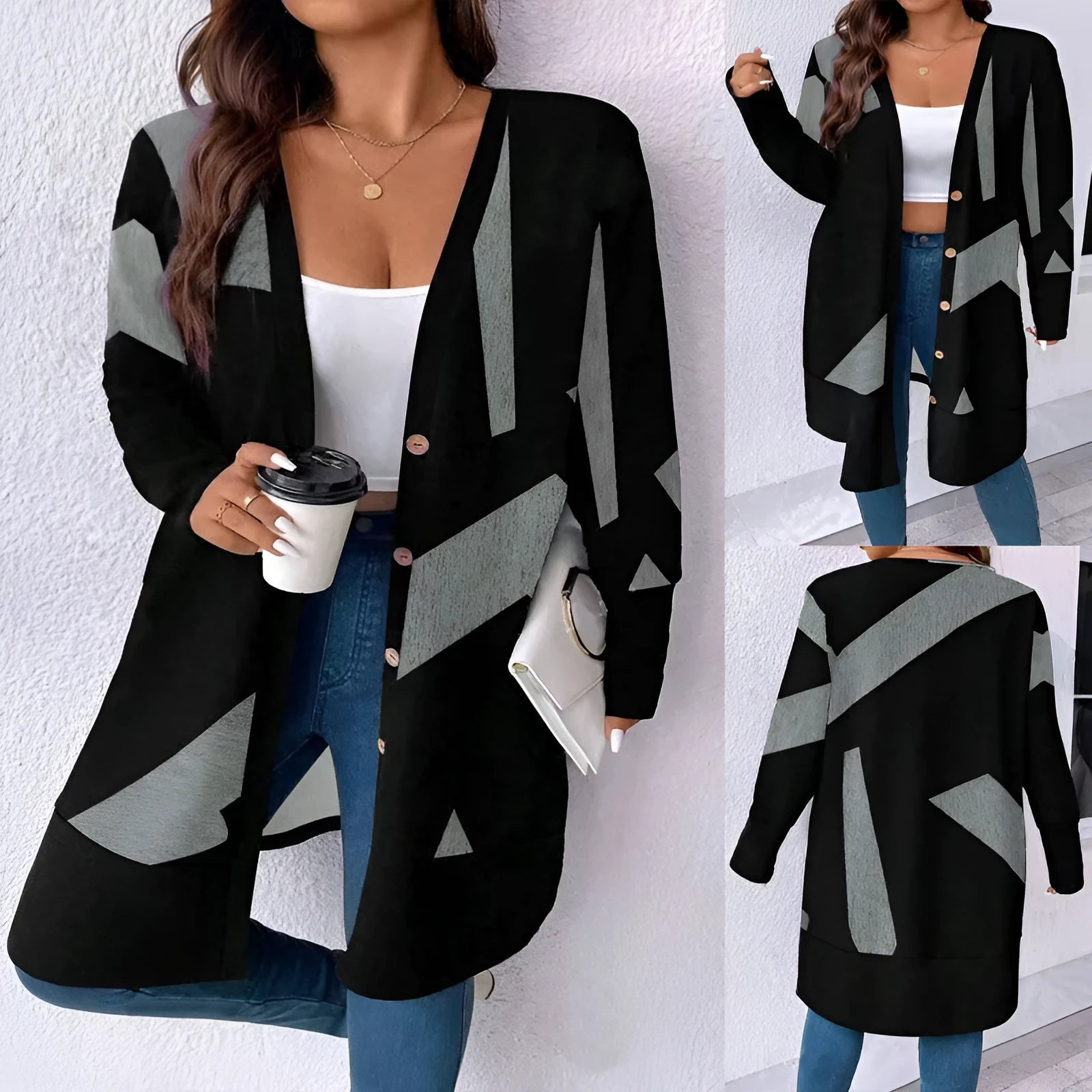 Black plus size casual cardigan coat with button stitching and printed pattern in Japanese Korean style
