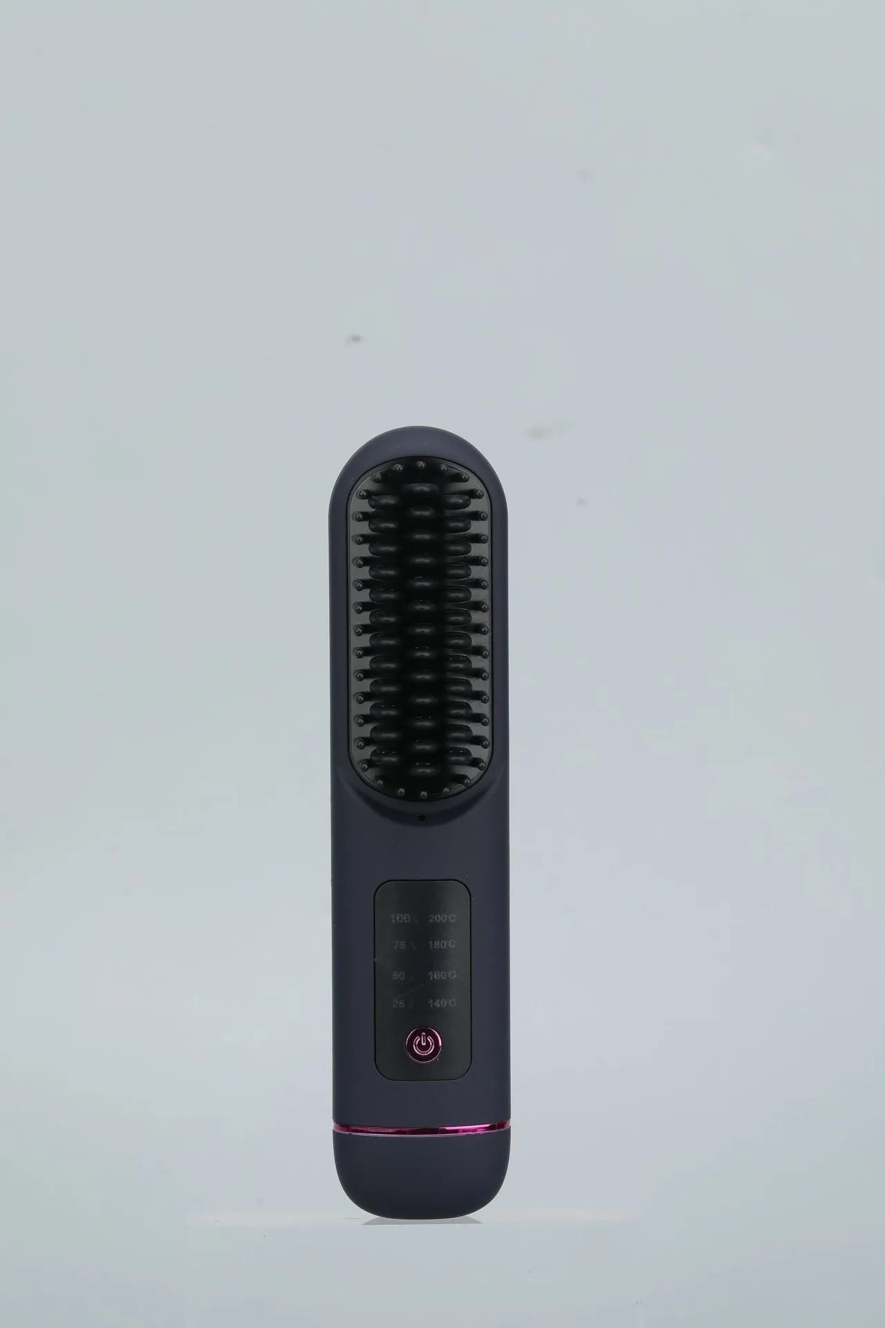 White, dark blue, and grey portable rechargeable negative ion hair comb for static control and straightening.