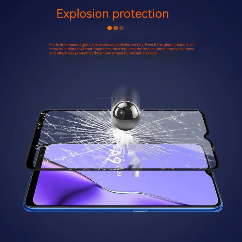OPPO A9 2020 tempered glass screen protector showing full screen coverage with anti-fingerprint finish