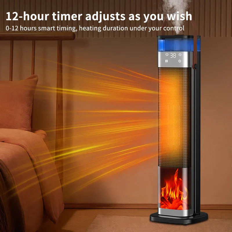Tall vertical intelligent heater with humidification and voice control remote.