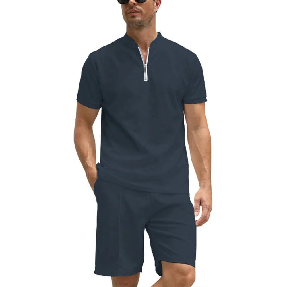 Men's solid colour polo shirt and trousers two-piece set in textured beaded bird's eye polyester fabric