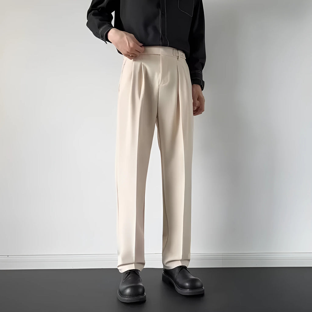 Men's straight loose fit suit trousers in polyester fabric showing apricot and black colour options