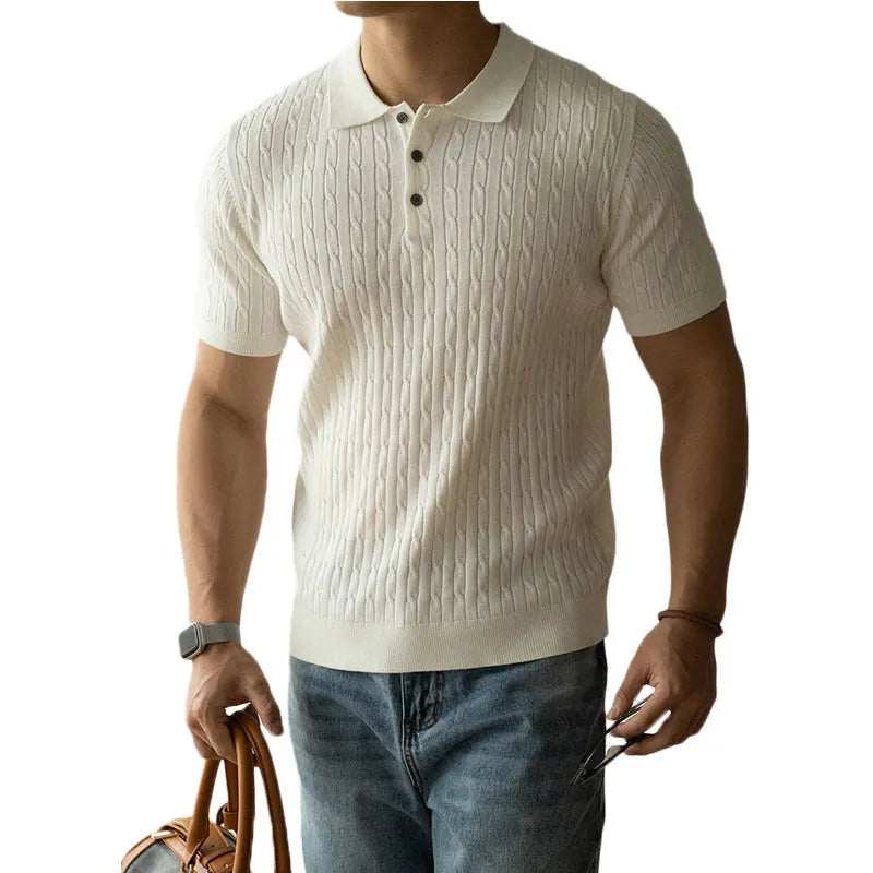 Men's khaki short sleeve business casual top on a hanger.