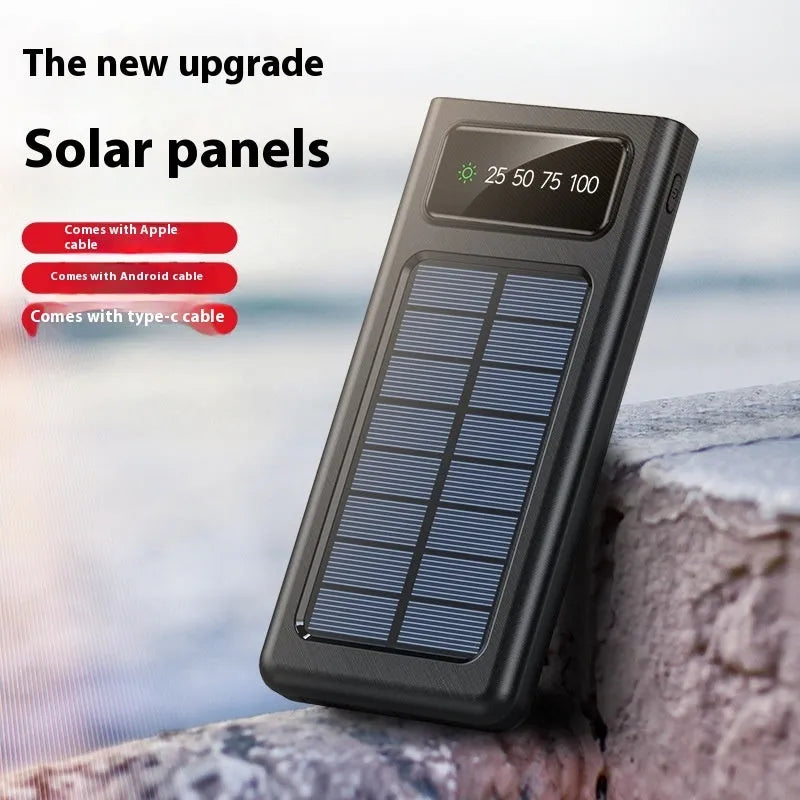 Black or white solar power bank portable charger measuring 148x71x19mm with four-wire cable