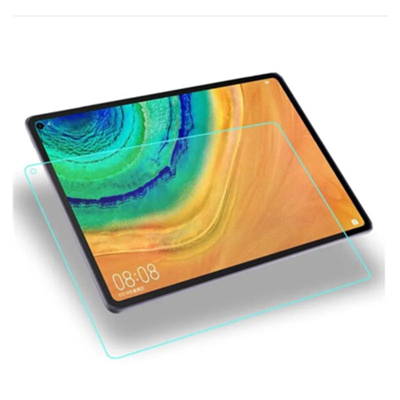 Huawei MatePad tablet with a clear tempered glass screen protector applied, showing model-specific fit.