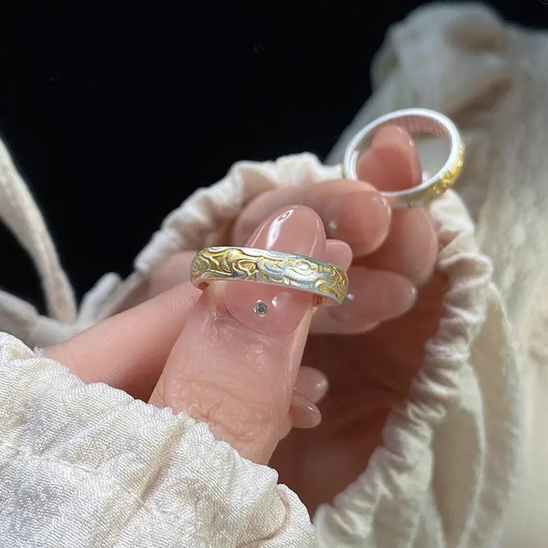Adjustable white copper ring with Xiangyun pattern and gold electroplated finish