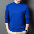 Men's round neck wool and mulberry silk long sleeve pullover sweater on a hanger.