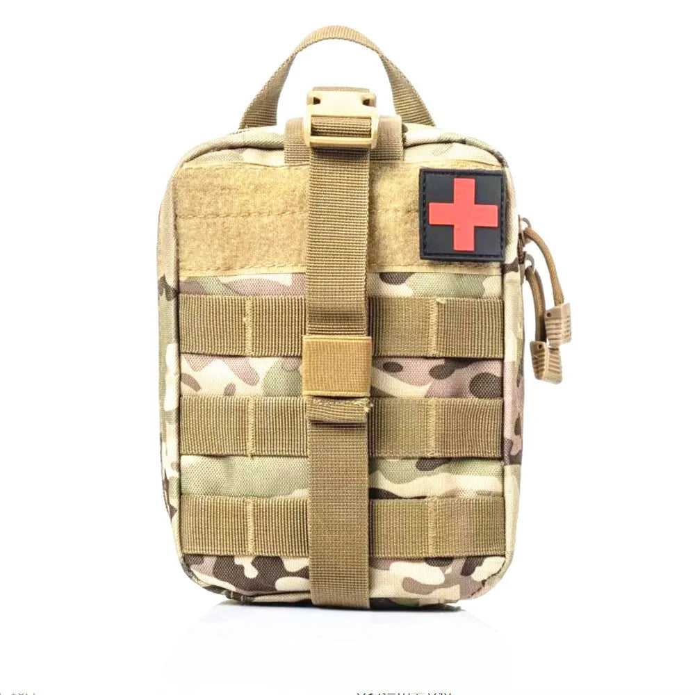 Taupe camouflage tactical first aid kit bag 20x13x11cm with emergency bandages, tourniquet, splint, mask, and tablets