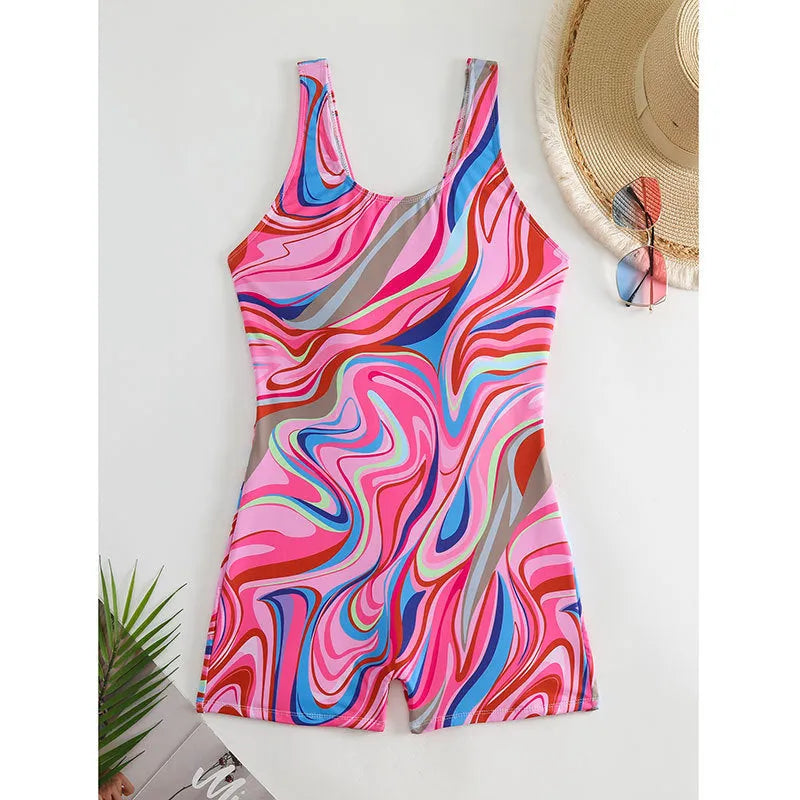 Printed conservative one-piece swimsuit showing high waist design and backless style in polyester fabric