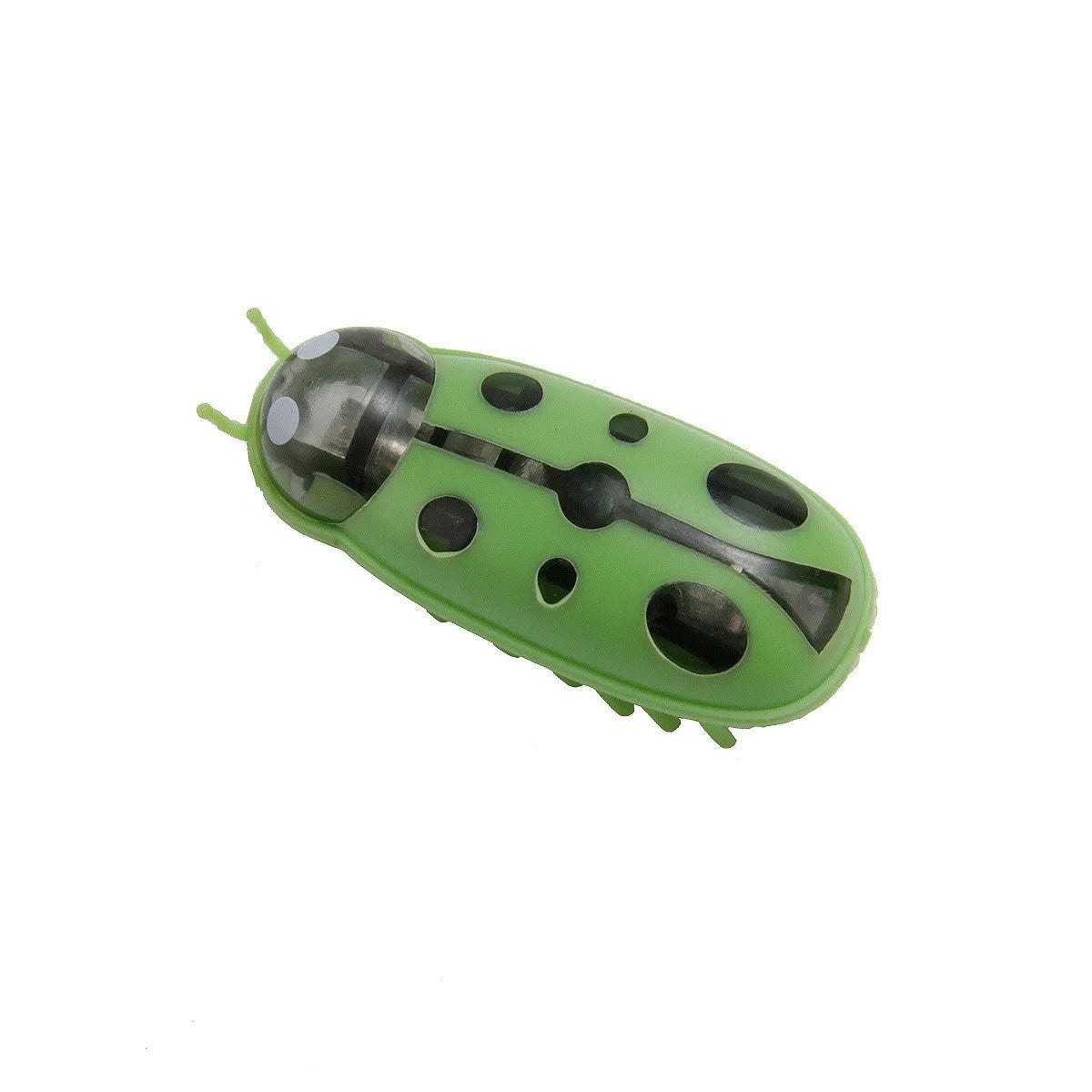 Small red ladybird-shaped electric cat toy with multiple legs on a hardwood floor