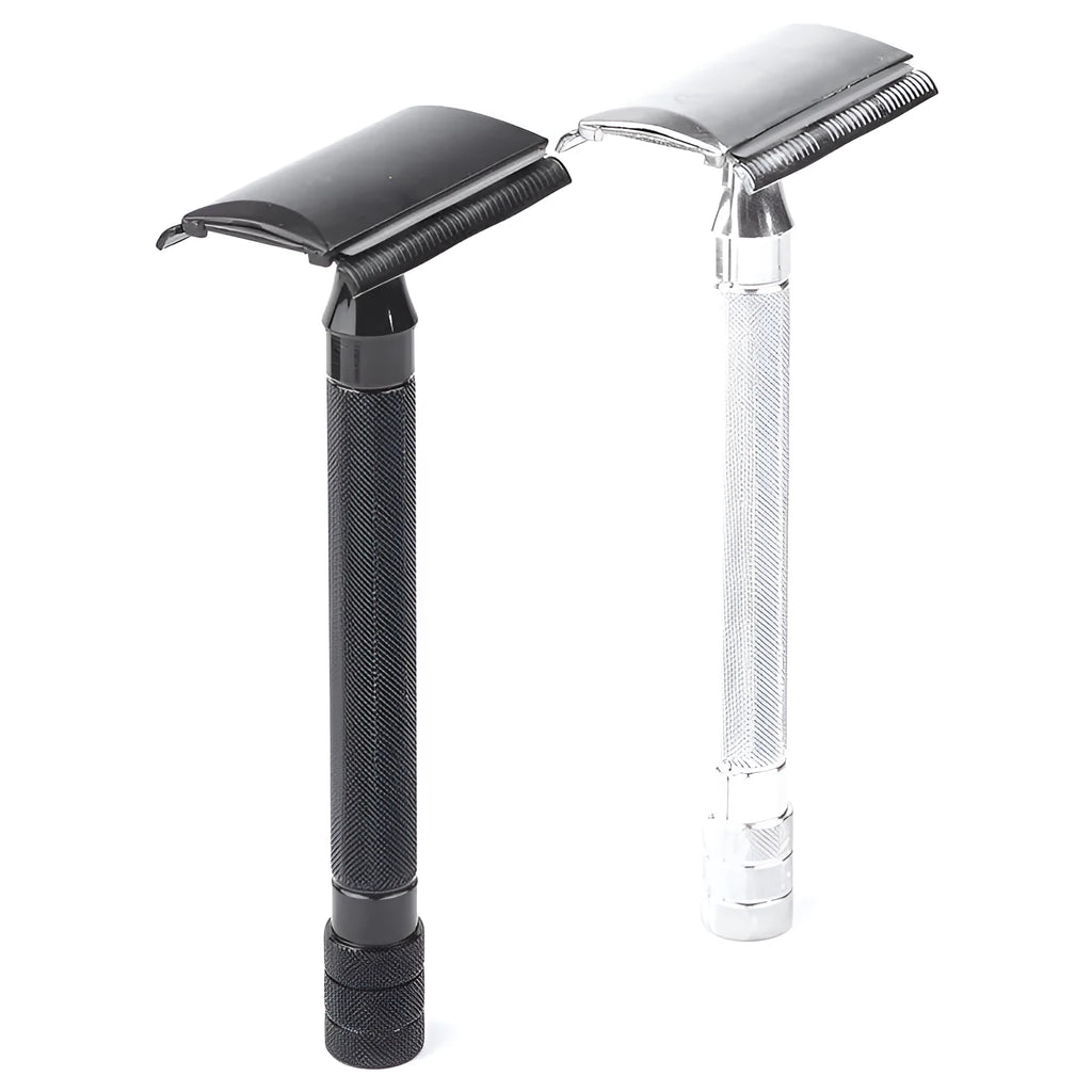 Traditional manual safety razor and shaving brush combination set in black or silver finish
