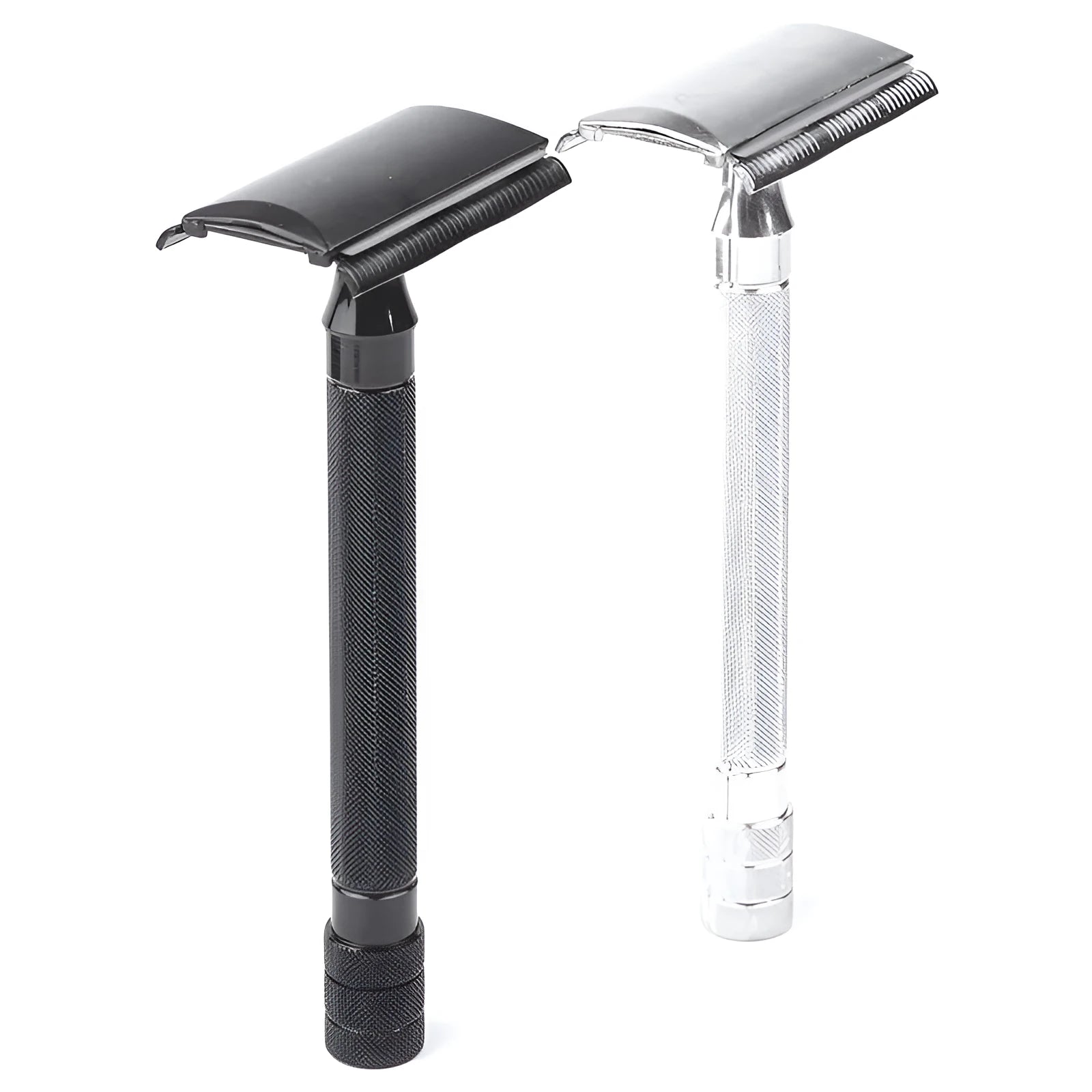 Traditional manual safety razor and shaving brush combination set in black or silver finish