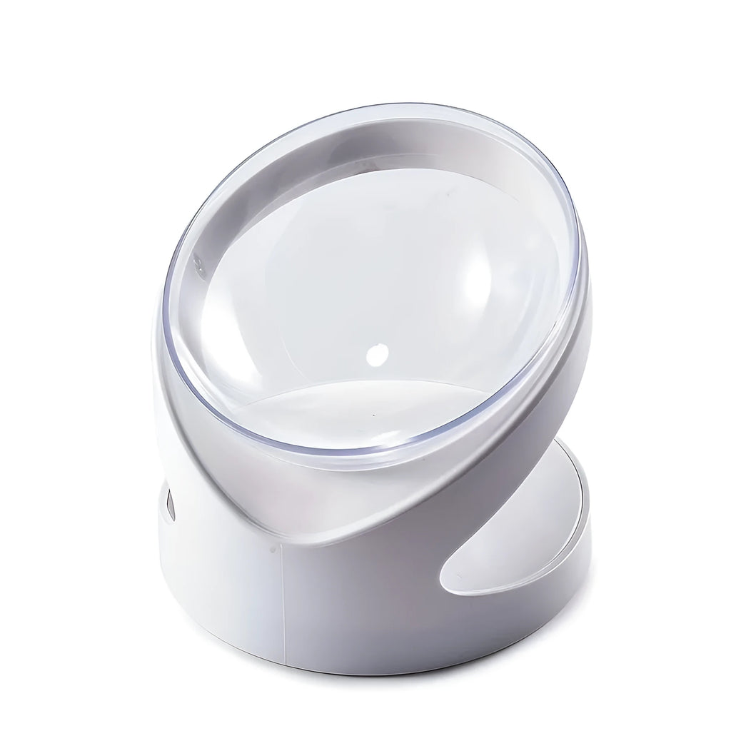 White clear elevated plastic cat food bowl with anti-vomit tilt design.