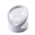 White clear elevated plastic cat food bowl with anti-vomit tilt design.