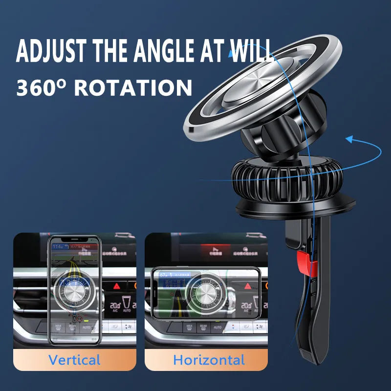 Silver magnetic car phone holder mounted on vehicle air vent with smartphone attached
