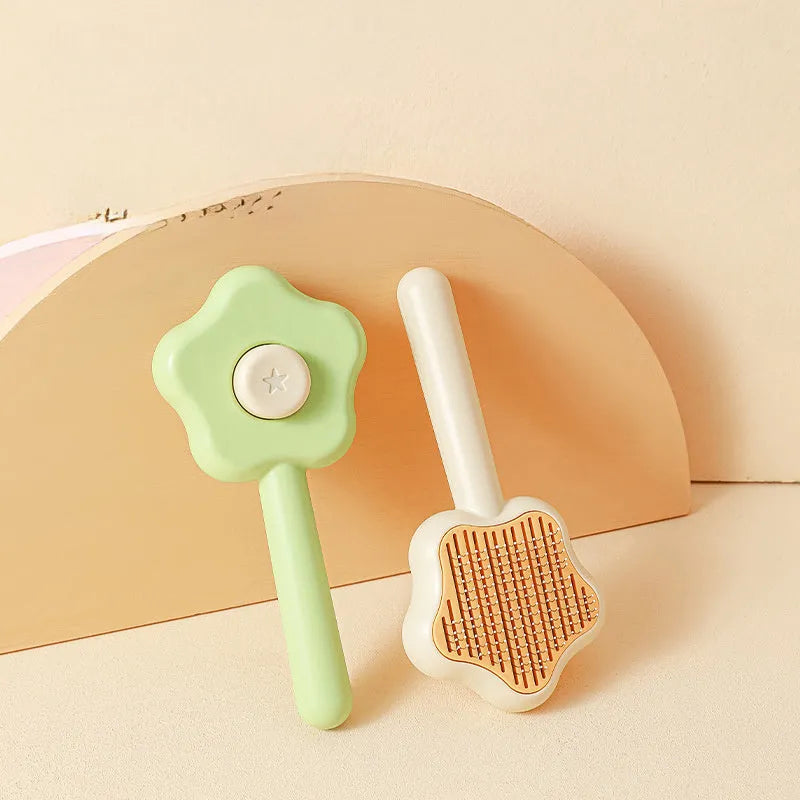 Self-cleaning cat grooming comb with stainless steel needle teeth in green colour option