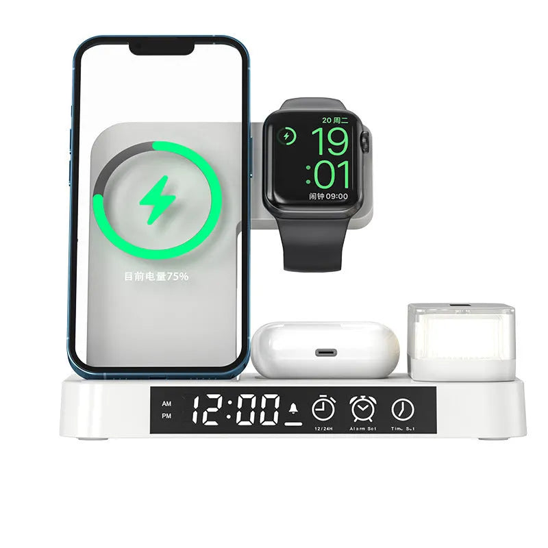White 4-in-1 wireless charging station showing alarm clock display, foldable stand, and charging pads for phone and Apple Watch.