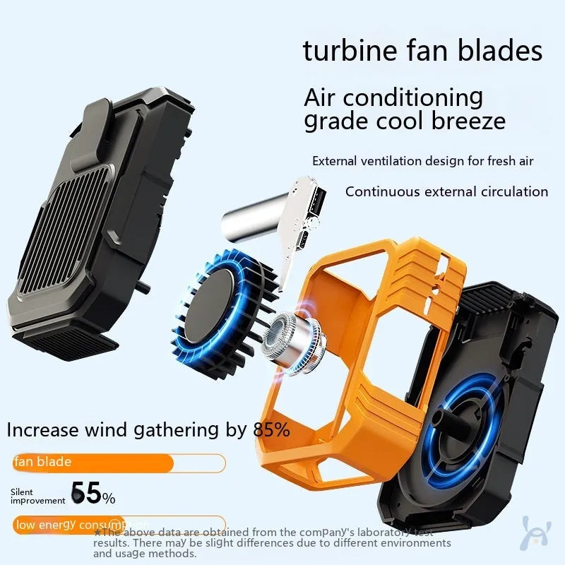 Green wrist-mounted portable fan with USB charging port, LED light, and adjustable strap.