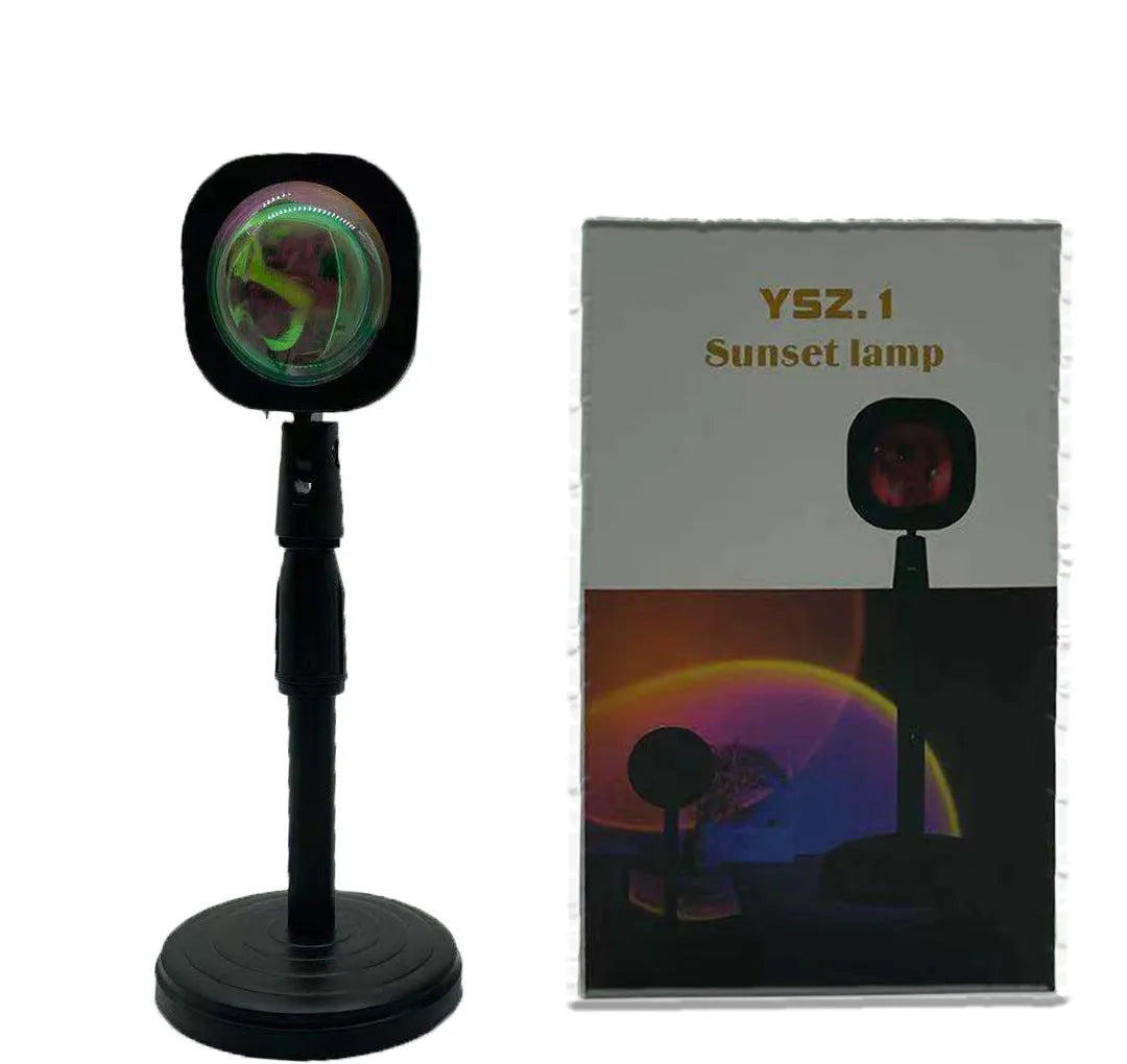 Rechargeable sunset projection lamp showing rainbow and red light patterns