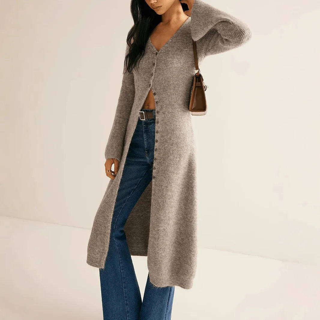 Khaki women's long sleeve cardigan coat with button front in a French retro style.