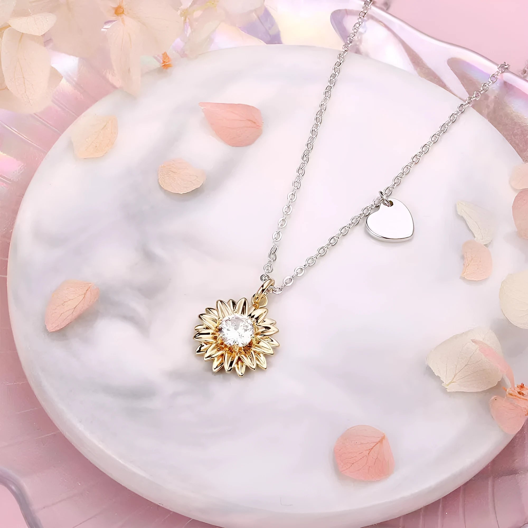 925 silver sunflower necklace with geometric daisy pendant on adjustable cross chain