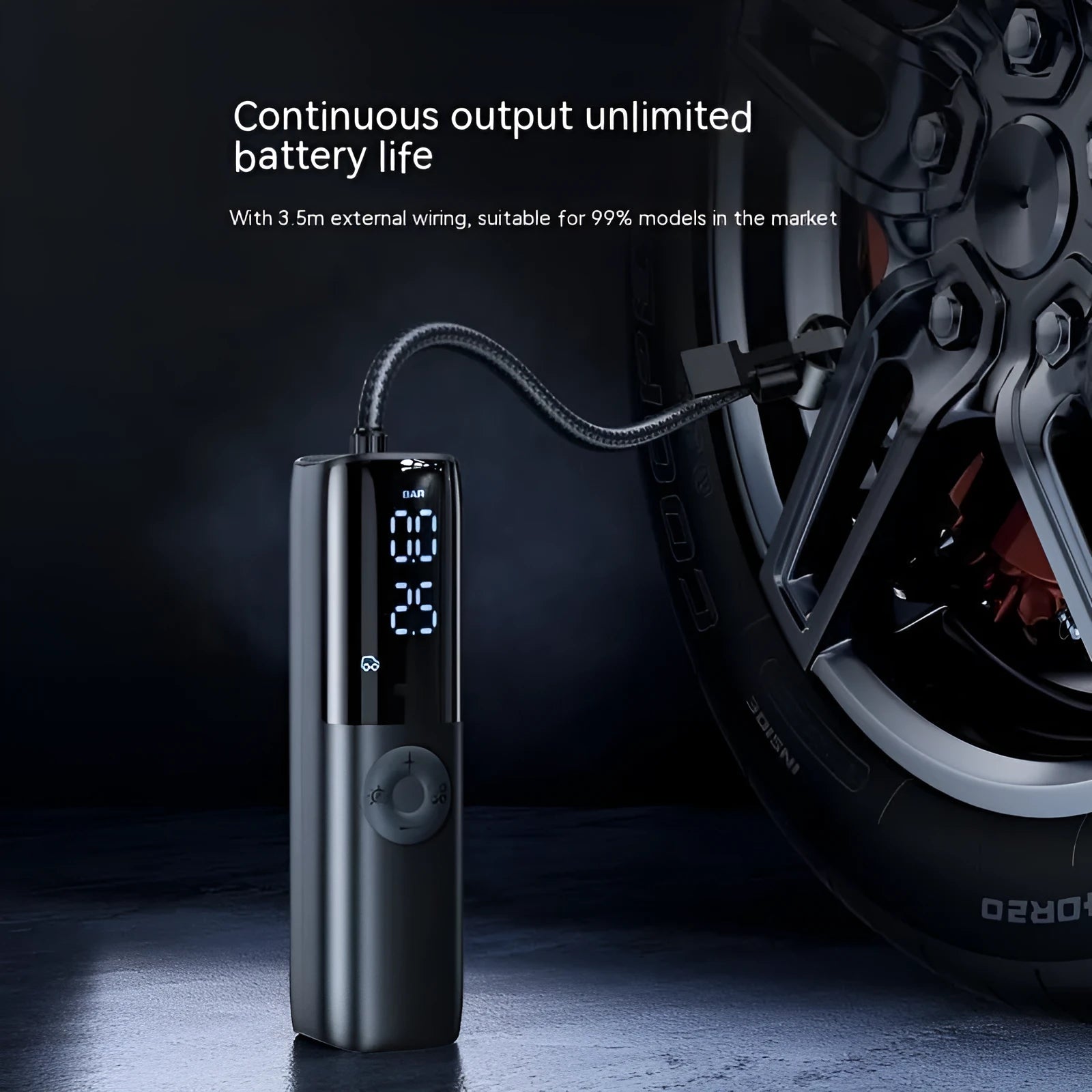 Black portable electric car air pump with pressure gauge and hose