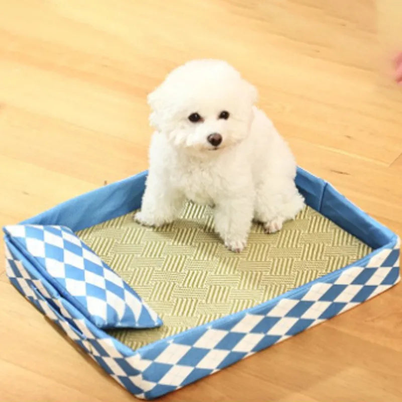 Rattan cat litter mat bed in blue colour with open-weave design for litter sifting