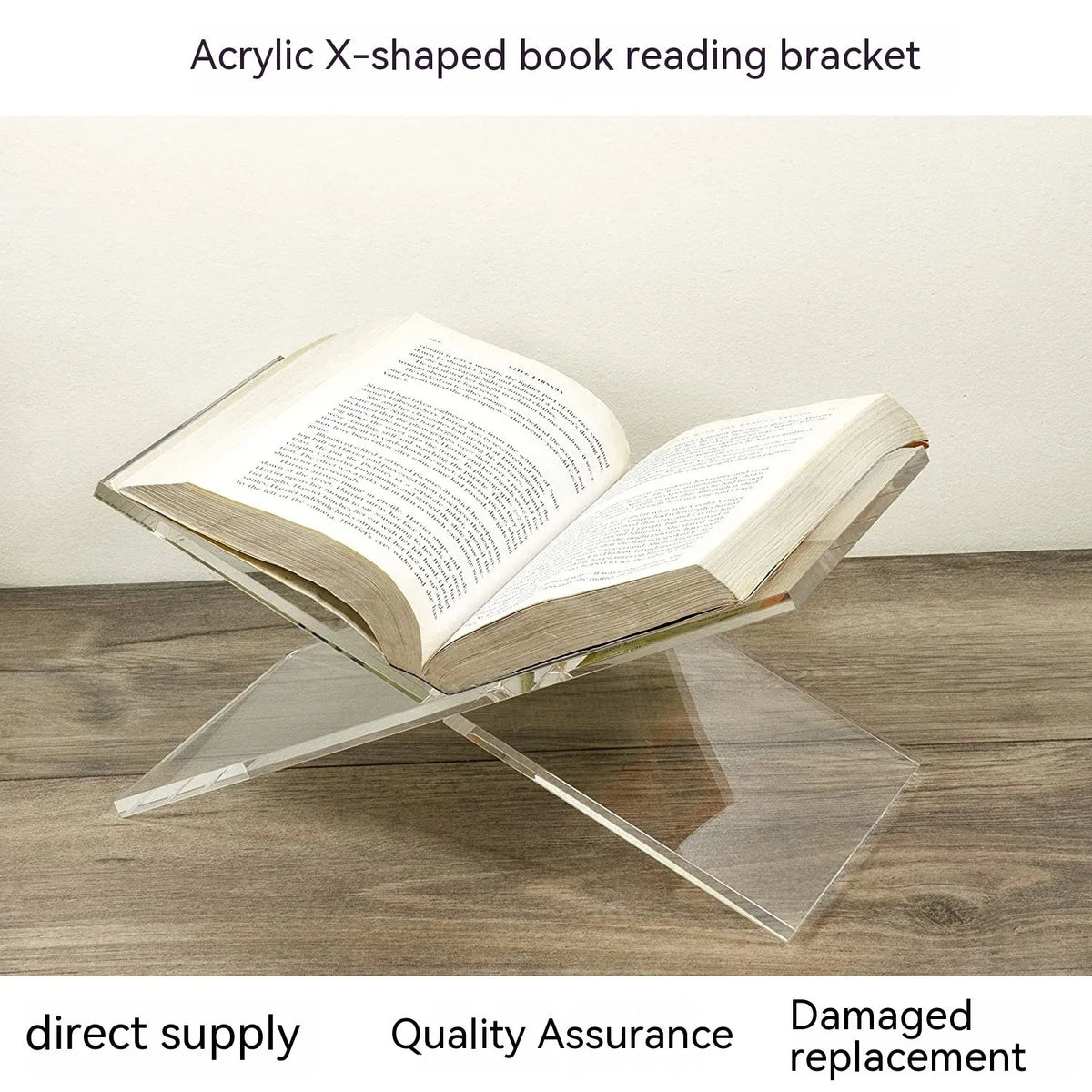 Clear acrylic X-type book reading rack displaying books on desktop