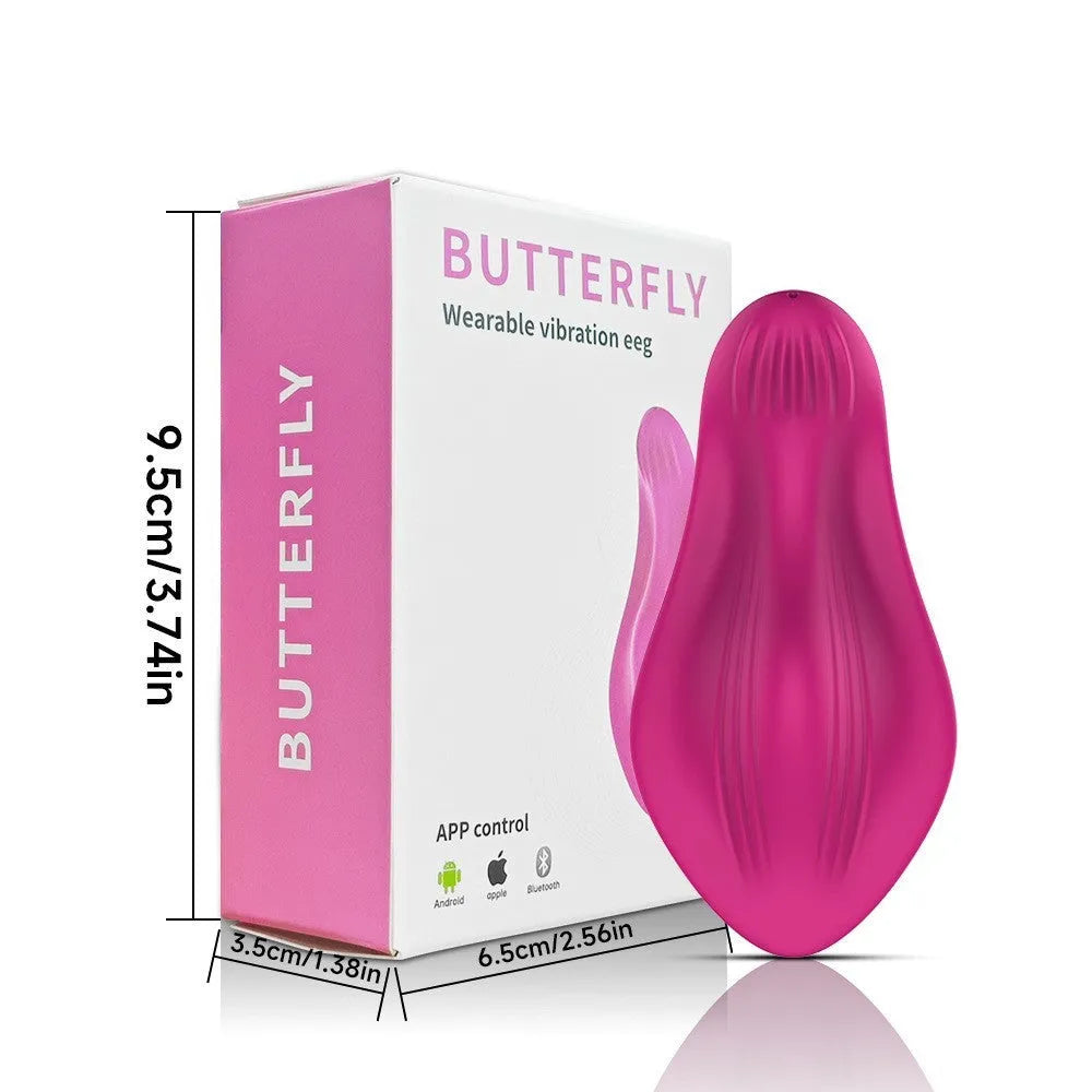 Rose red APP remote control wearable female massager with cute butterfly design on a white background.