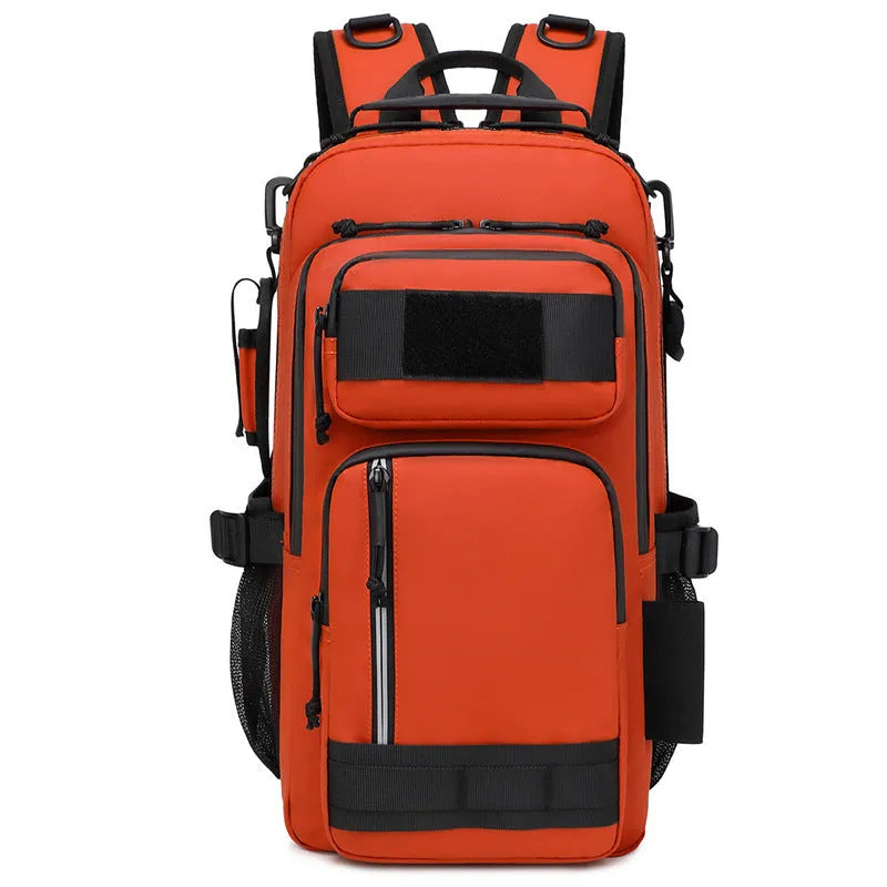 Derm fabric outdoor backpack in orange colour showing 20-35L capacity for hiking and camping