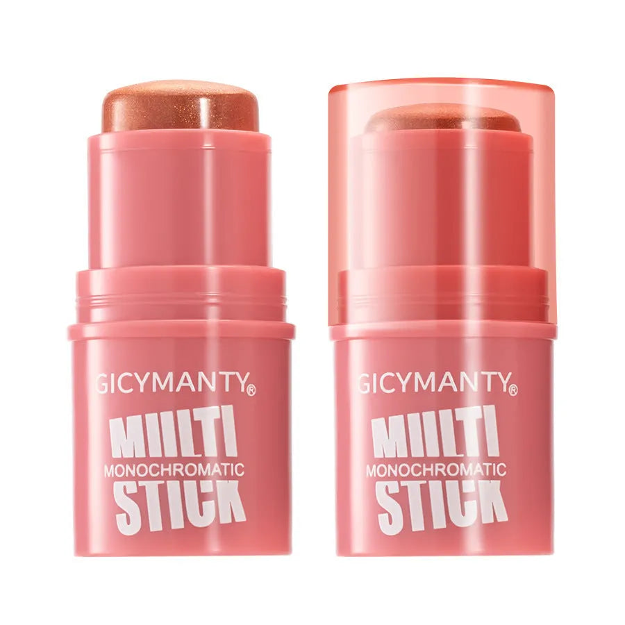 Cream blush stick in plastic casing with thin glittering colour rendering, 4.2 net content, six shade options
