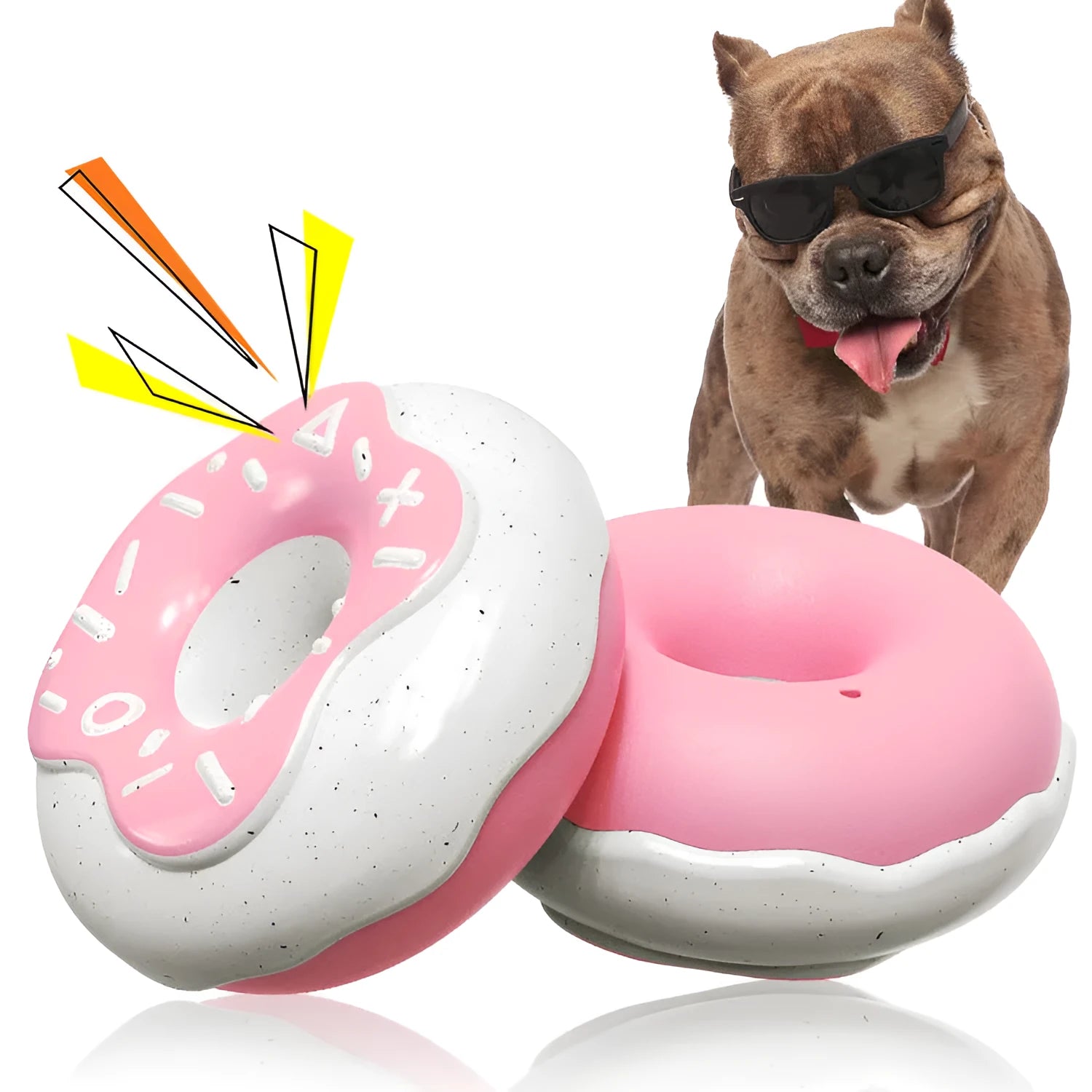 TPR donut-shaped dog toy in pink, yellow, or chocolate colours for teeth cleaning with sound features