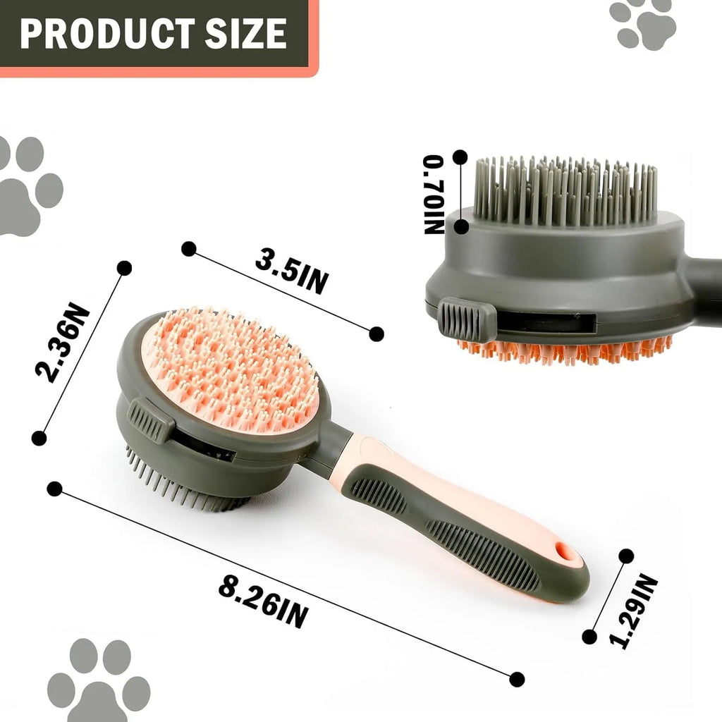 Pink and green double-sided cat brush with release button next to a flea comb.