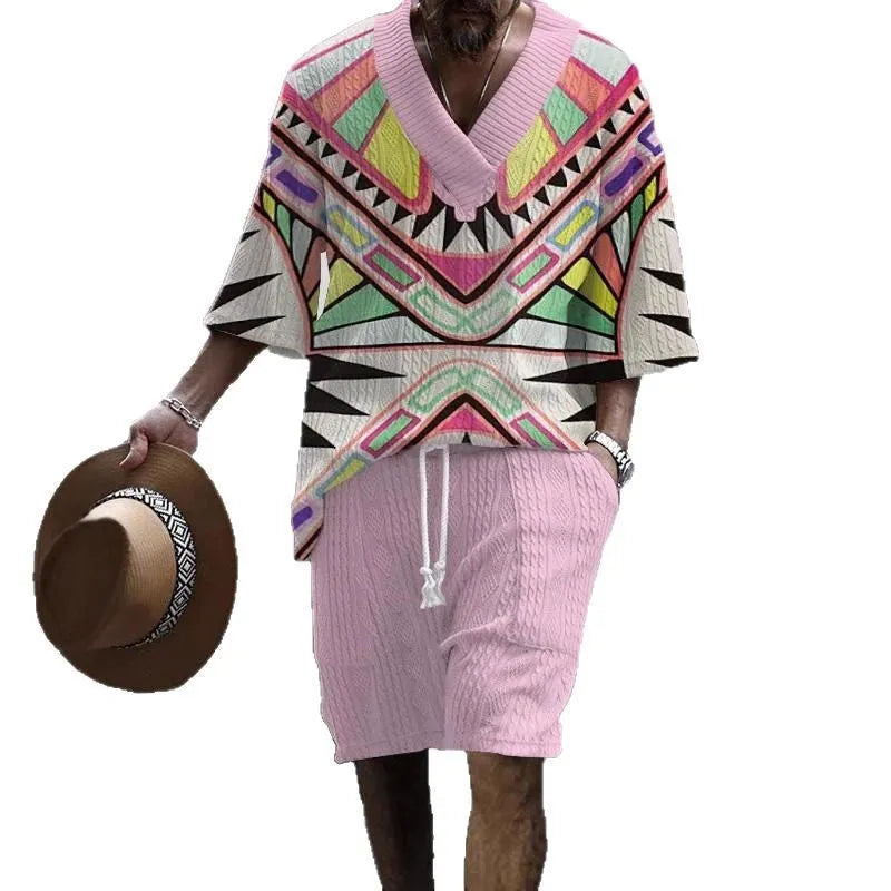 Man wearing a loose-fitting short-sleeve top and matching casual shorts in a solid colour.