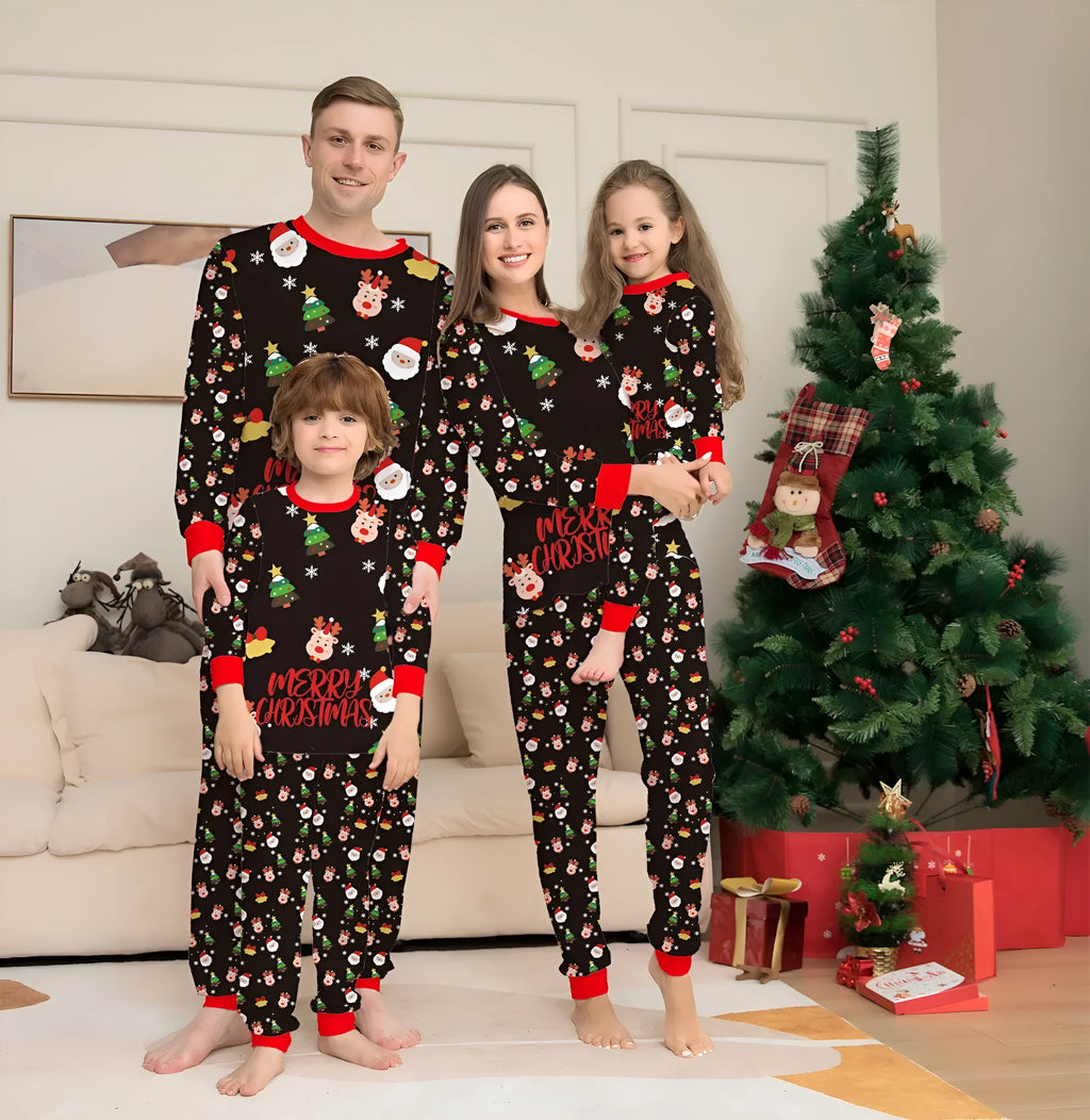 Matching family Christmas pajamas set for parents, children, baby and dog on sofa
