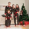 Matching family Christmas pajamas set for parents, children, baby and dog on sofa