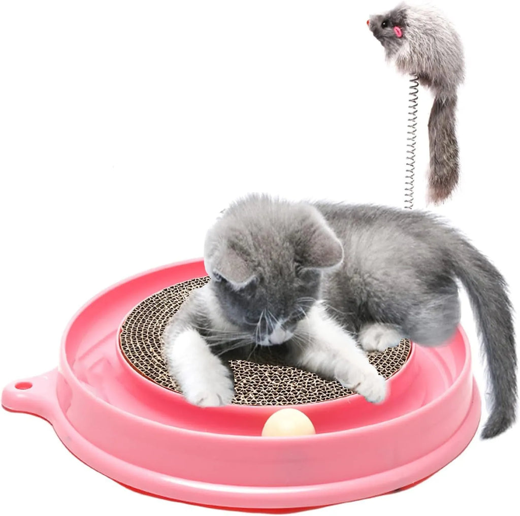 Blue interactive cat scratch pad with ball track and replaceable centre scratching surface