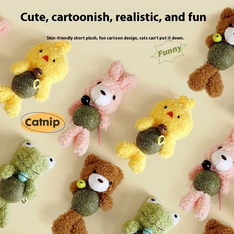 Plush catnip ball toy in animal shape with a mint ball, shown with dimensions 15cm height and 7cm width.