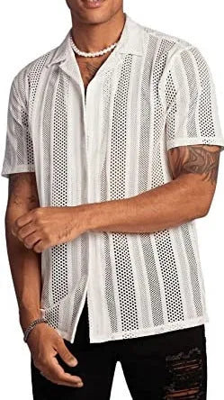 Man wearing a black jacquard knitted short-sleeve button shirt in a cardigan style