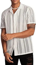 Man wearing a black jacquard knitted short-sleeve button shirt in a cardigan style