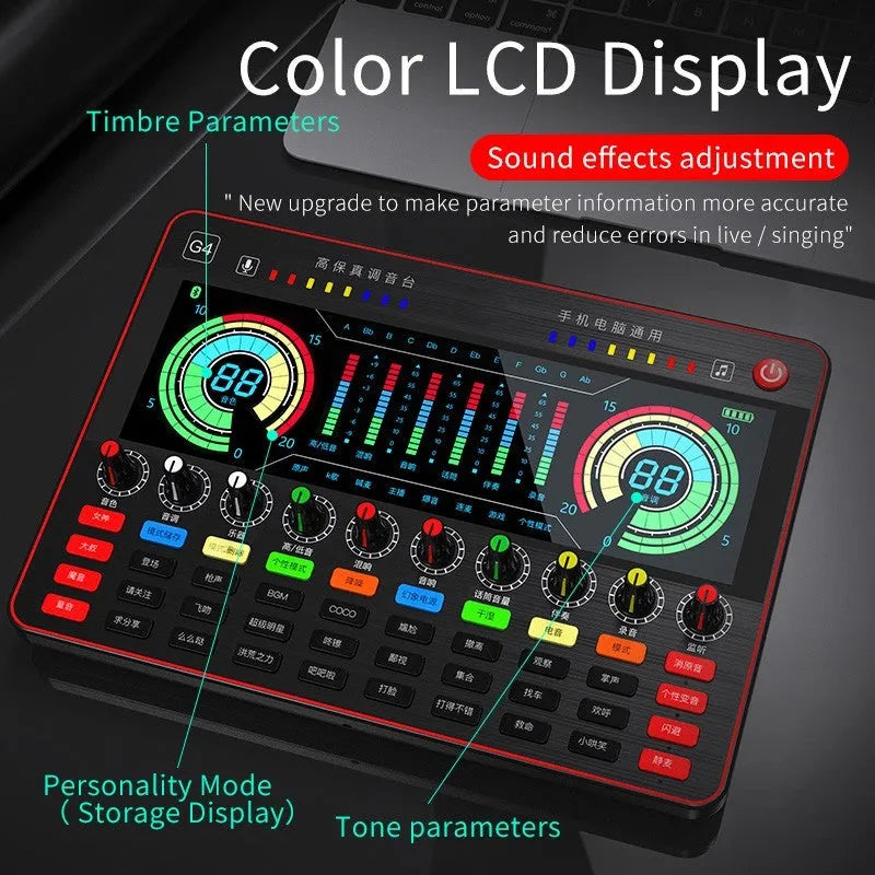 G4 professional sound card mixer with LCD display, 10 tuning knobs, and Q8 condenser microphone for live streaming setup.