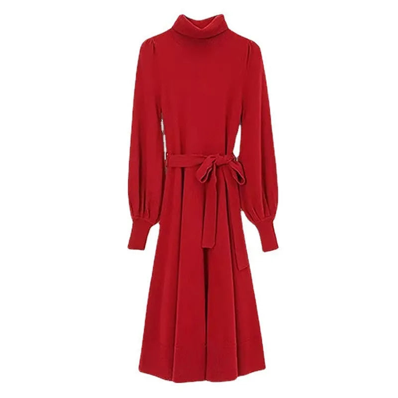 Turtleneck knit dress with elastic waist and loose hem in polyester fabric, shown in solid colour options