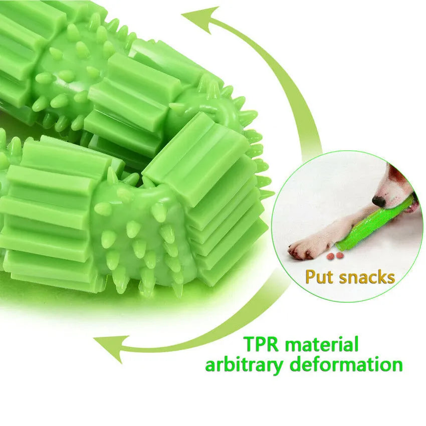 Green natural rubber dog chew toy with textured surface and treat holes for aggressive chewers