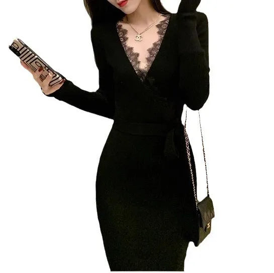 Women's slim fit black woolen skirt with princess dress styling