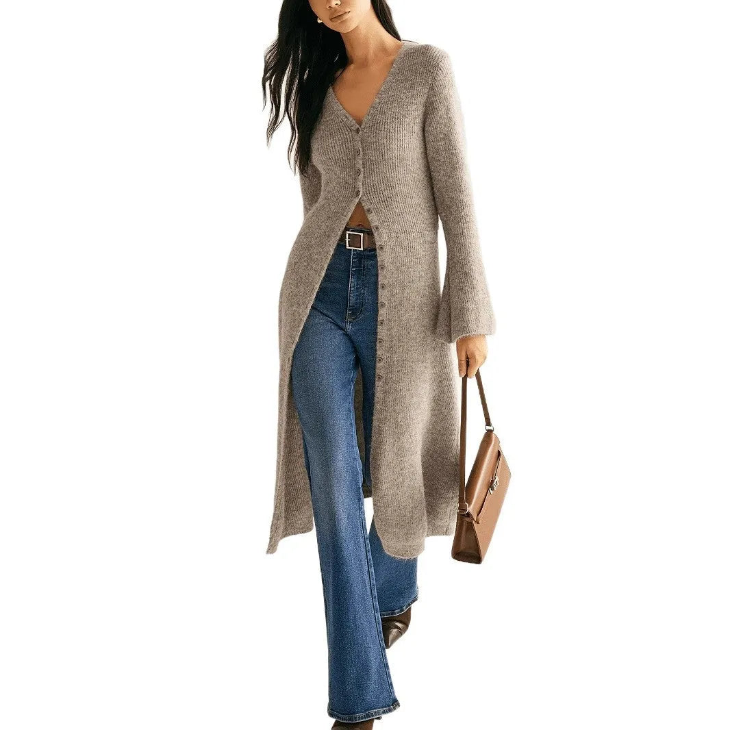 Khaki women's long sleeve cardigan coat with button front in a French retro style.
