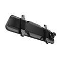 Black rearview mirror dash cam with 10-inch touchscreen display showing road recording