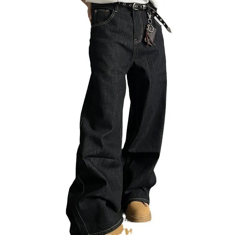 Black loose wide-leg retro jeans with a straight-leg cut and mid waist on a mannequin.