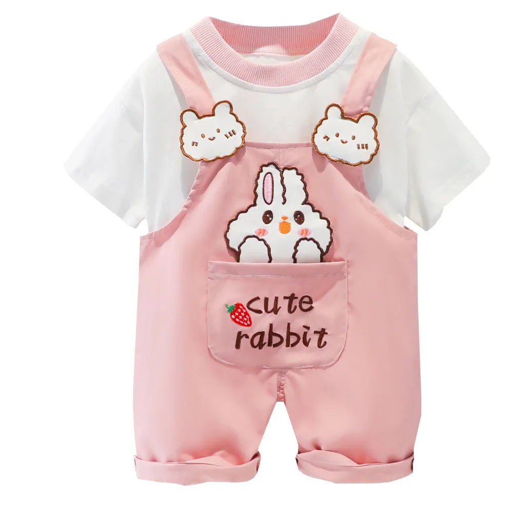 Baby wearing cotton summer overalls with cartoon print and adjustable straps