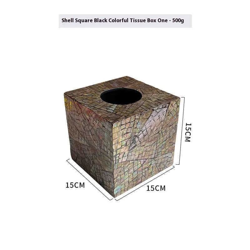 Black square and rectangular natural shell tissue boxes with removable storage organisers.