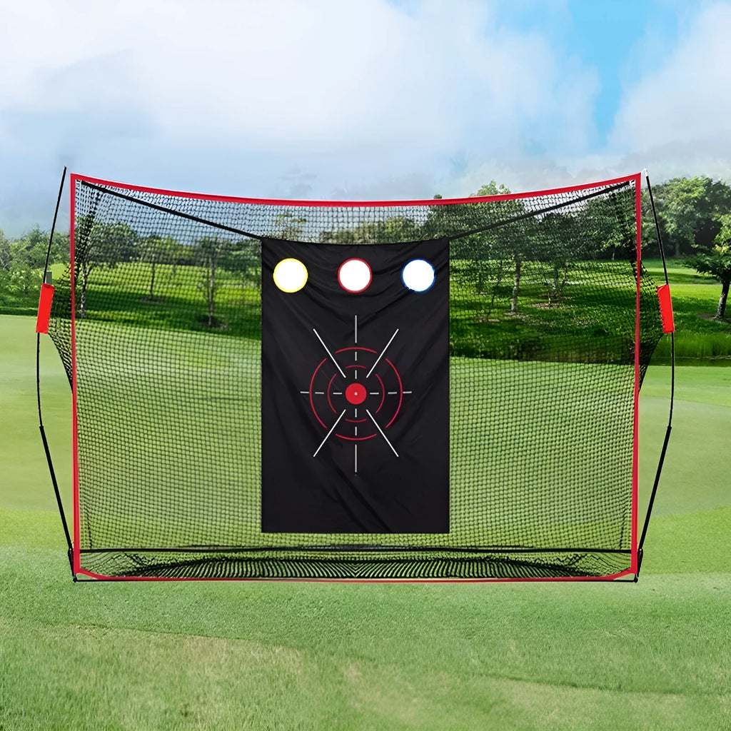 Golf wedge training net with straw mat and practice accessories including limit nails and balls